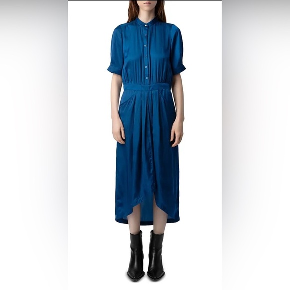 ZADIG & VOLTAIRE NWT Blue Rima Satin Midi Dress - Overseas Star Button Detail - Picture 2 of 15